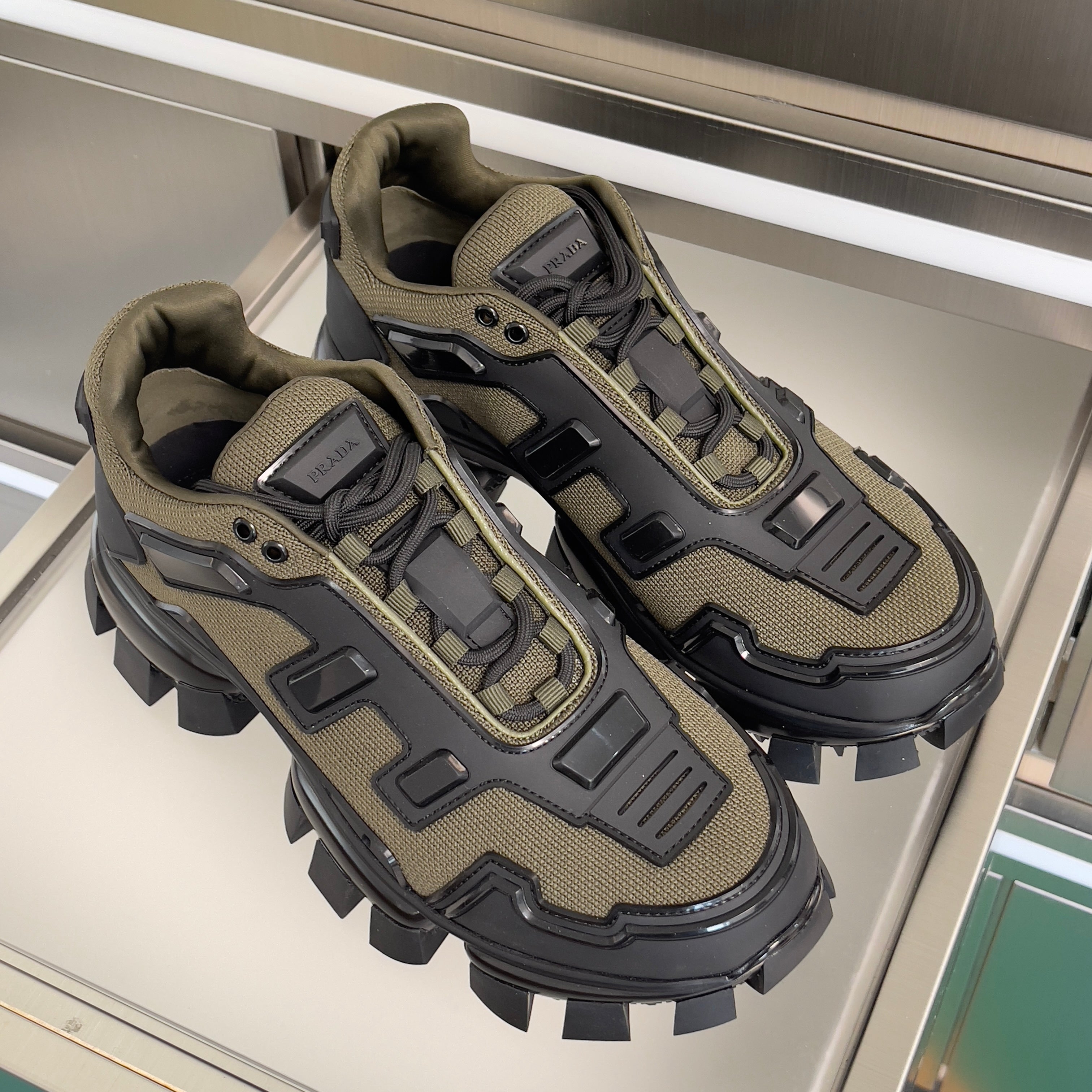 PRADA 26S CLOUDBUST THUNDER SNEAKERS 60MM IN OLIVE BROWN MESH FABRIC