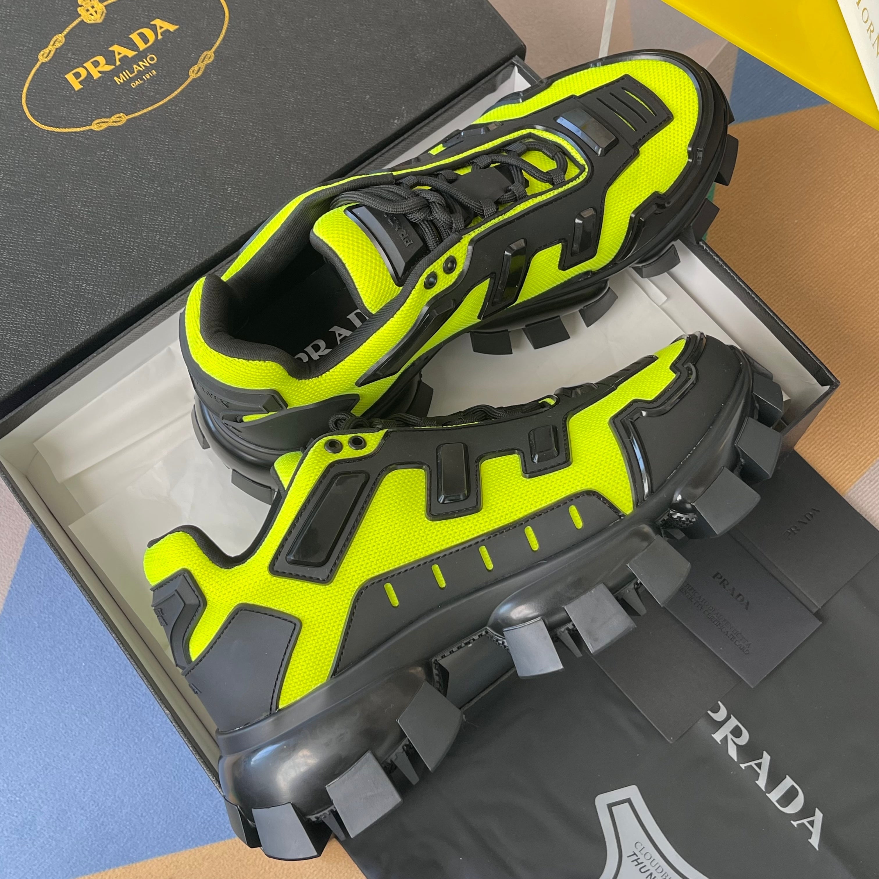 PRADA 26S CLOUDBUST THUNDER SNEAKERS 60MM IN LIME YELLOW MESH FABRIC