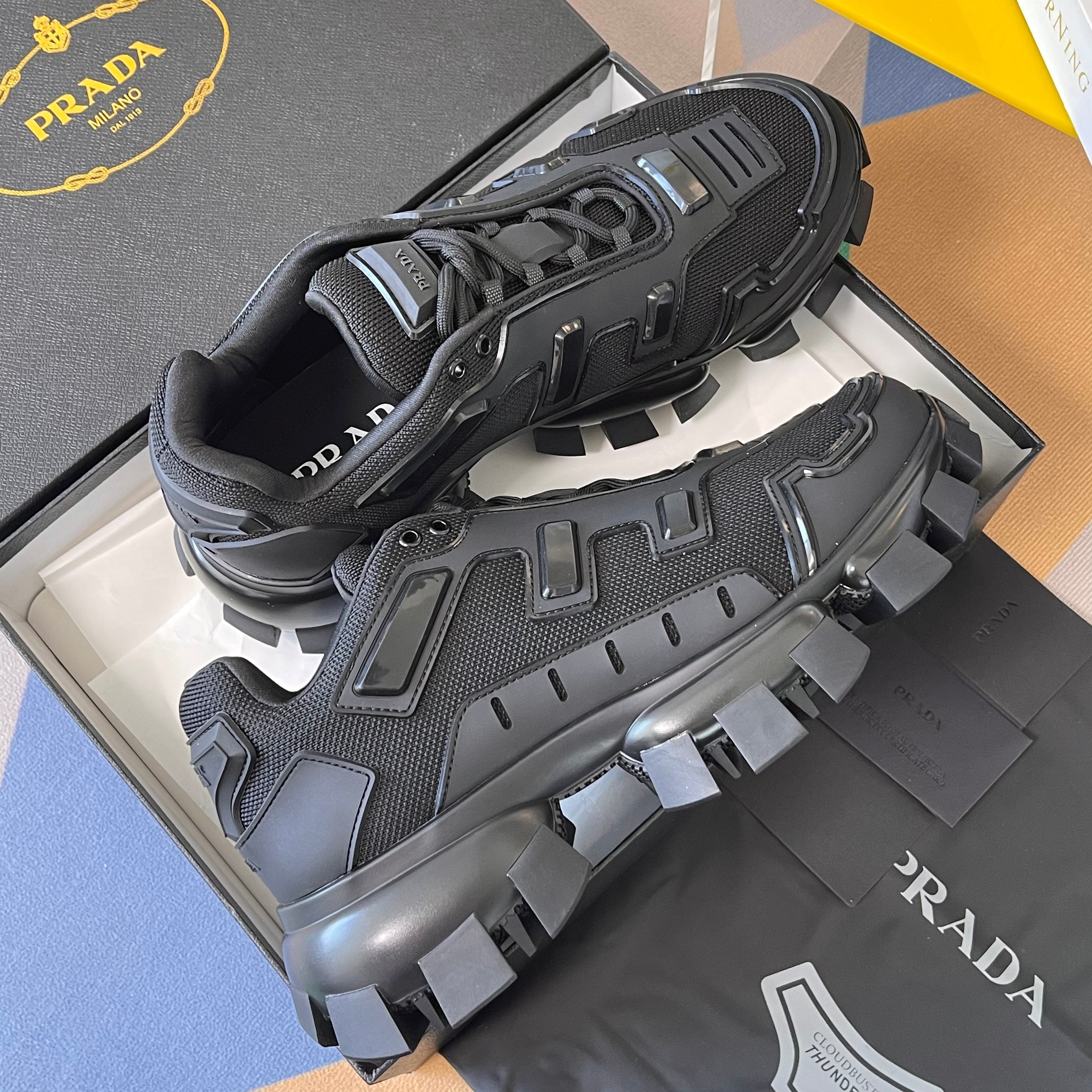 PRADA 26S CLOUDBUST THUNDER SNEAKERS 60MM IN BLACK MESH FABRIC