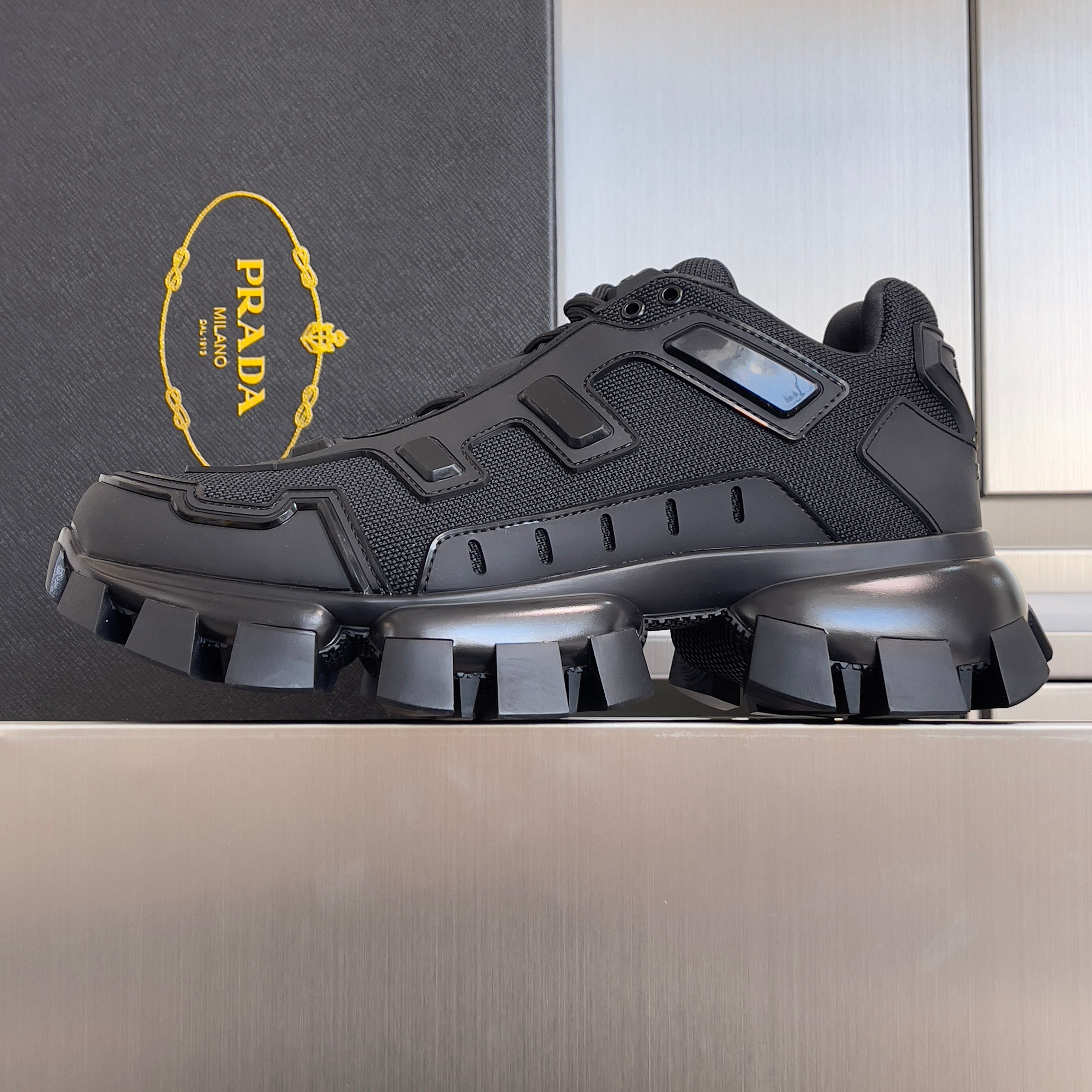 PRADA 26S CLOUDBUST THUNDER SNEAKERS 60MM IN BLACK MESH FABRIC