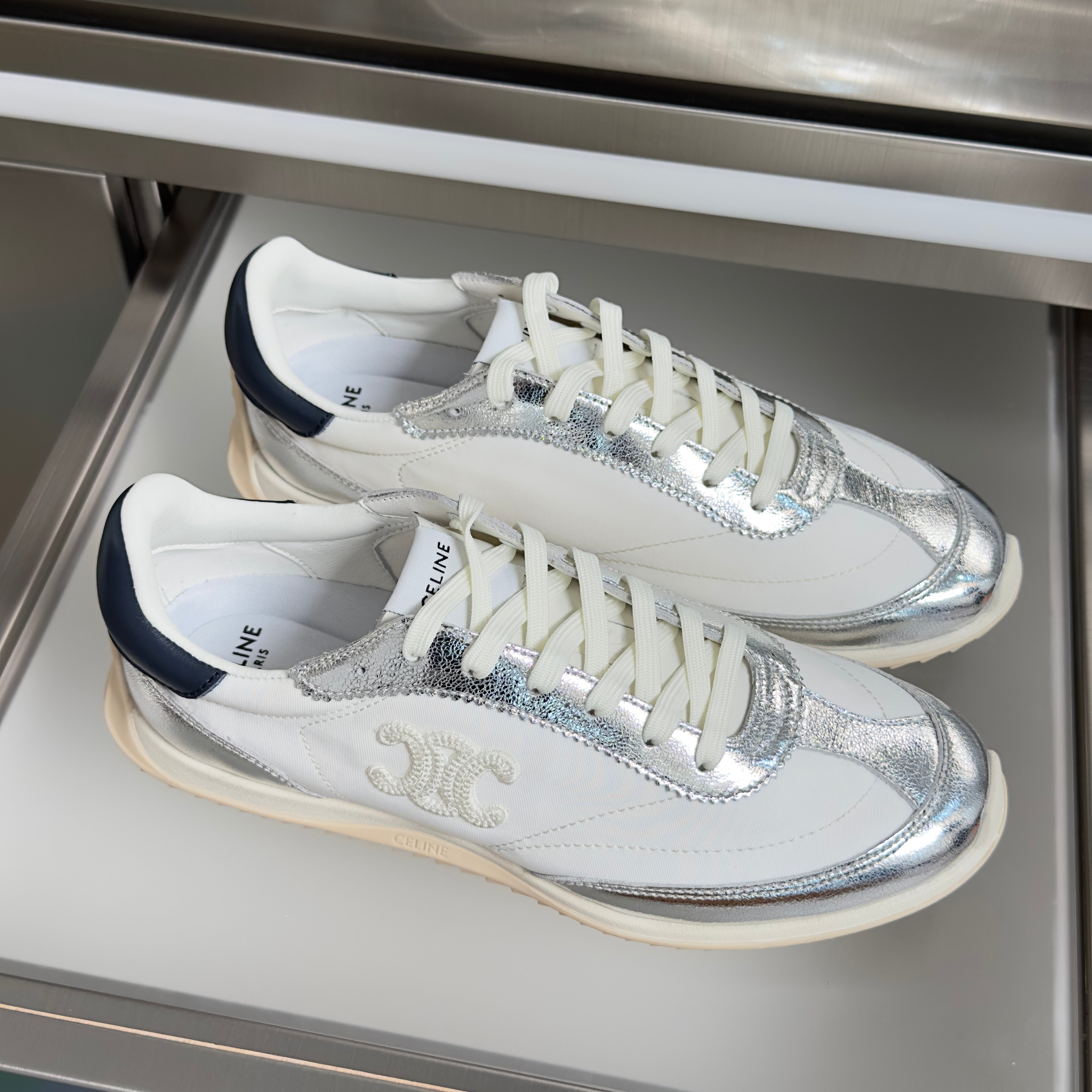 CELINE 26S RACER SNEAKERS IN WHITE FABRIC AND SILVER CALFSKIN
