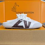LV 26S LACE UP MULE SNEAKERS IN WHITE CALFSKIN AND BROWN MONOGRAM CANVAS