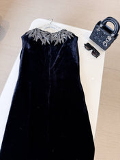 DIOR 25S EMBELLISHED-NECK BLACK VELVET DRESS 722