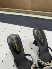 HIGH RHINESTONE CROSS STRAP MULES IN BLACK SILK