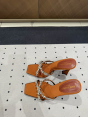 HIGH RHINESTONE CROSS STRAP MULES IN BRONZE BROWN SILK