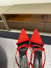 HIGH CRYSTAL STRAP SANDALS IN RED SILK