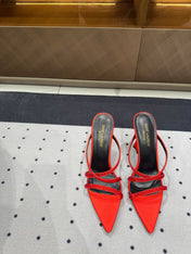 HIGH CRYSTAL STRAP SANDALS IN RED SILK
