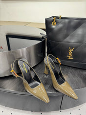 YSL 26S SLINGBACK HEELS 105 MM IN OLIVE GREEN GLOSSY CALFSKIN WITH BUCKLE CLOSURE