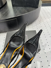 YSL 26S POINTED-TOE SLINGBACK HEELS 105 MM IN BLACK AND ORANGE PATENT CALFSKIN STYLE 4