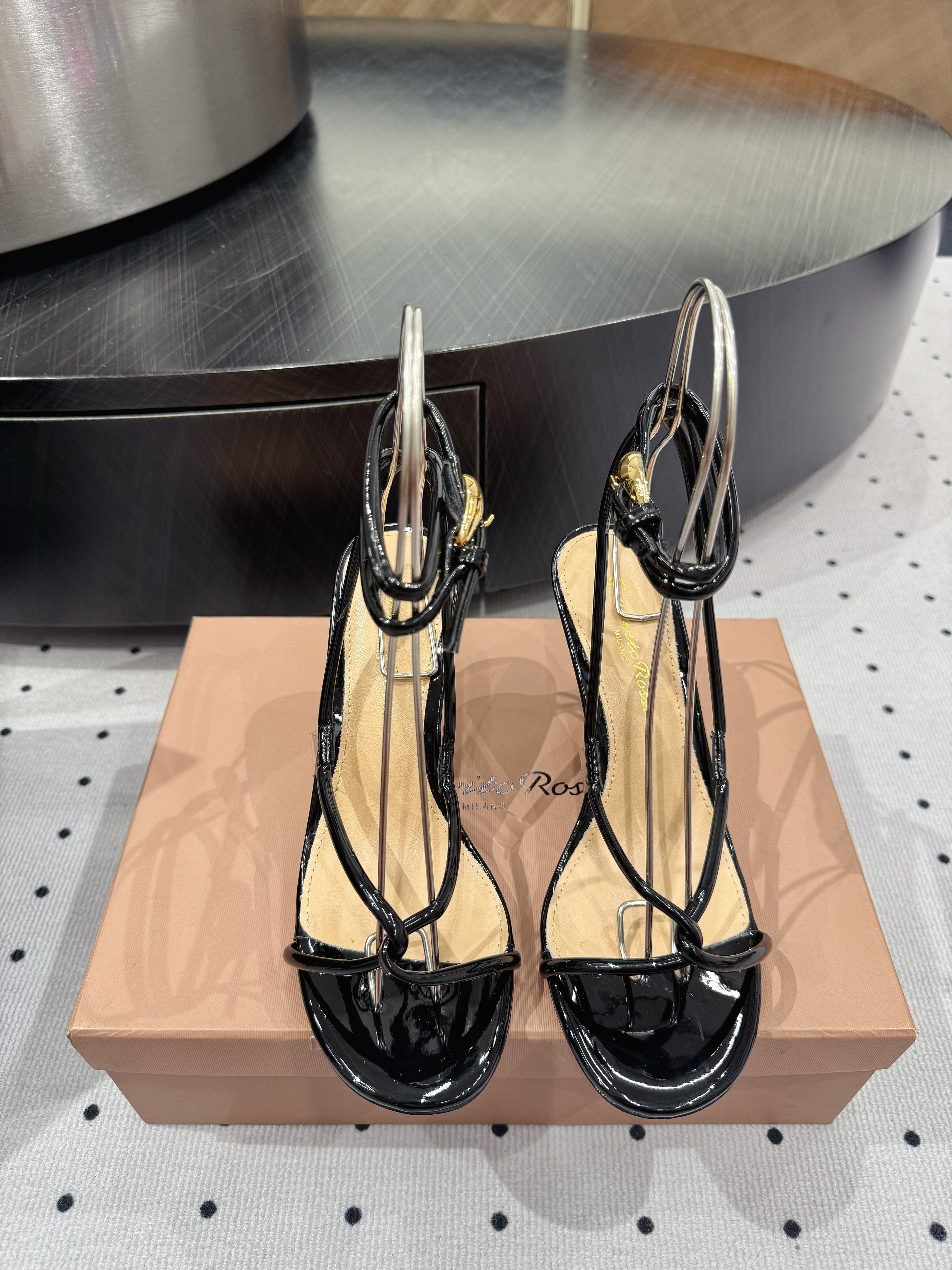 GIANVITO ROSSI 26S LACE-UP HEEL SANDALS 85 MM IN BLACK LAMBSKIN