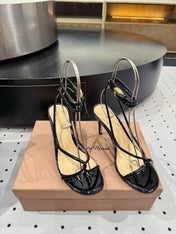 GIANVITO ROSSI 26S LACE-UP HEEL SANDALS 85 MM IN BLACK LAMBSKIN
