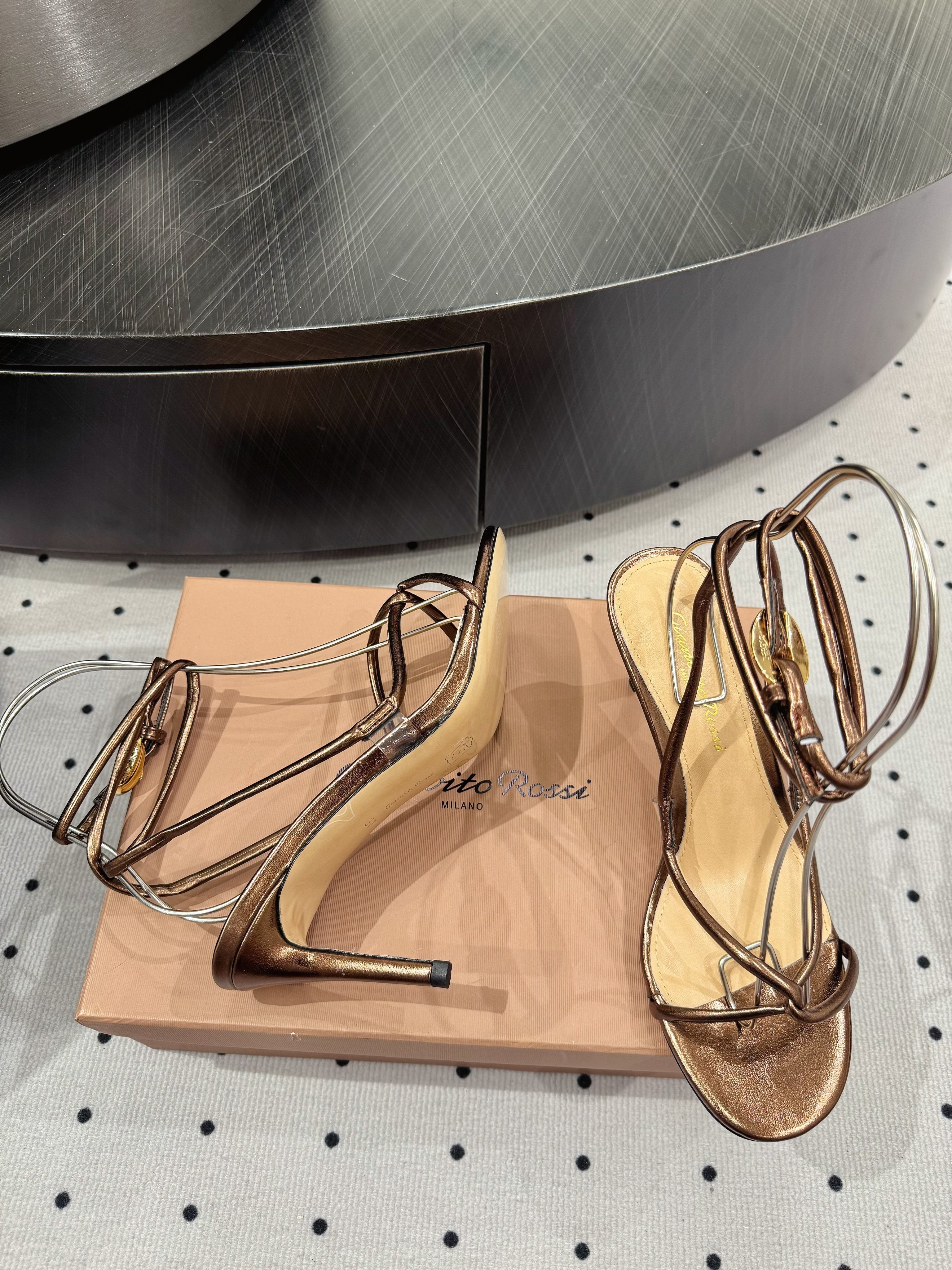 GIANVITO ROSSI 26S LACE-UP HEEL SANDALS 85 MM IN METALLIC COPPER LAMBSKIN