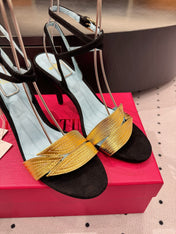 VLTN HIGH SANDAL 25S 60 MM IN BLACK SUEDE AND GOLD CALFSKIN