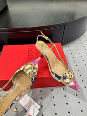 VLTN HIGH SLINGBACK 25S 80 MM IN WHITE MIX PINK FABRIC AND CALFSKIN
