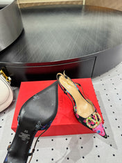 VLTN HIGH SLINGBACK 25S 80 MM IN BLACK MIX PINK FABRIC AND CALFSKIN