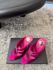YSL 26S HEELED SANDALS 100 MM IN DARK PINK FABRIC