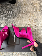 YSL 26S HEELED SANDALS 100 MM IN DARK PINK FABRIC