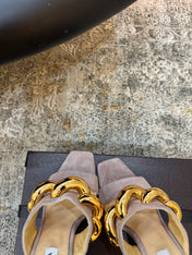 ALAIA 26S DOUBLE STRAP WEDGE SANDALS 110 MM IN BEIGE SUEDE WITH GOLD HARDWARE