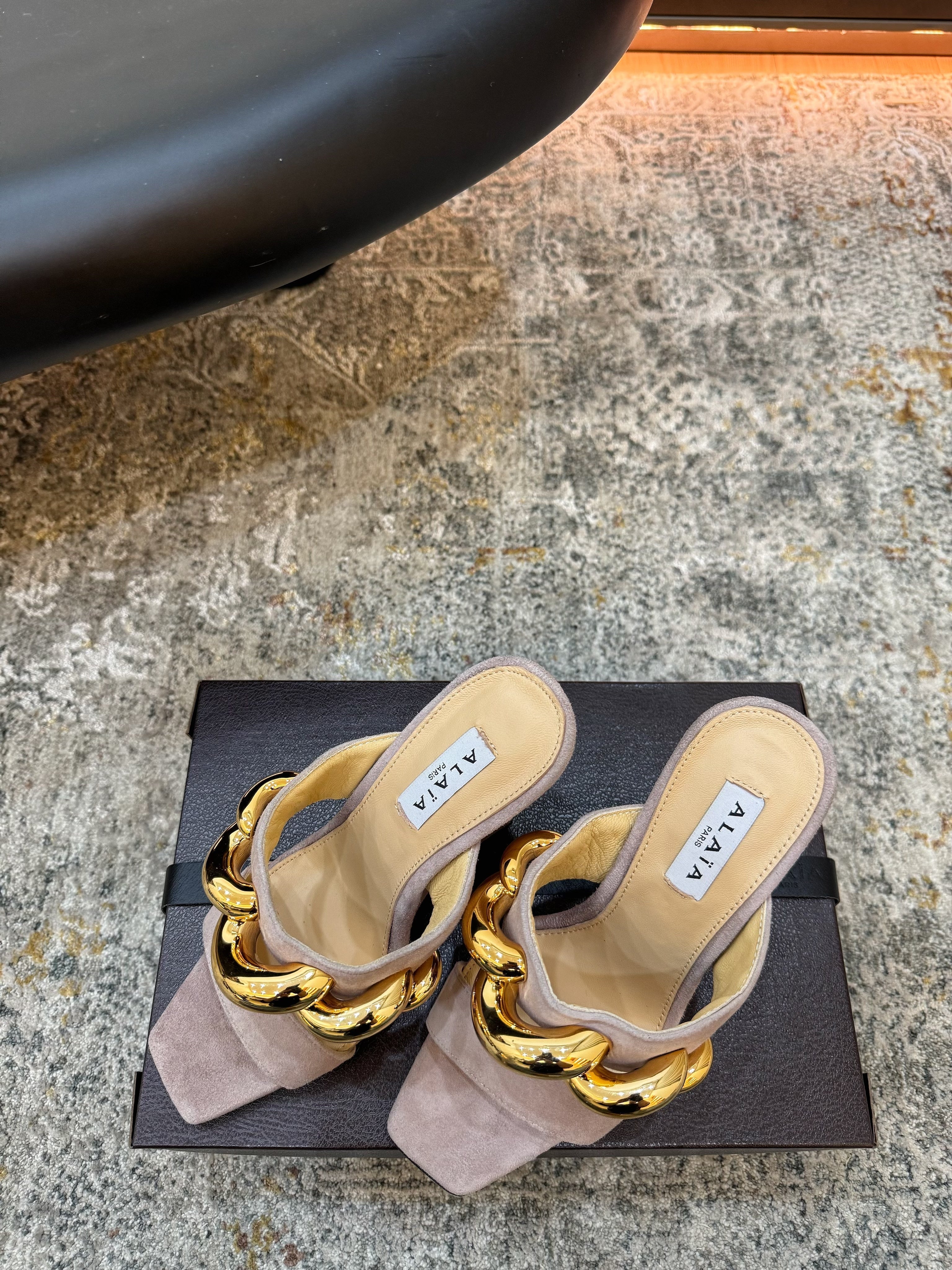 ALAIA 26S DOUBLE STRAP WEDGE SANDALS 110 MM IN BEIGE SUEDE WITH GOLD HARDWARE