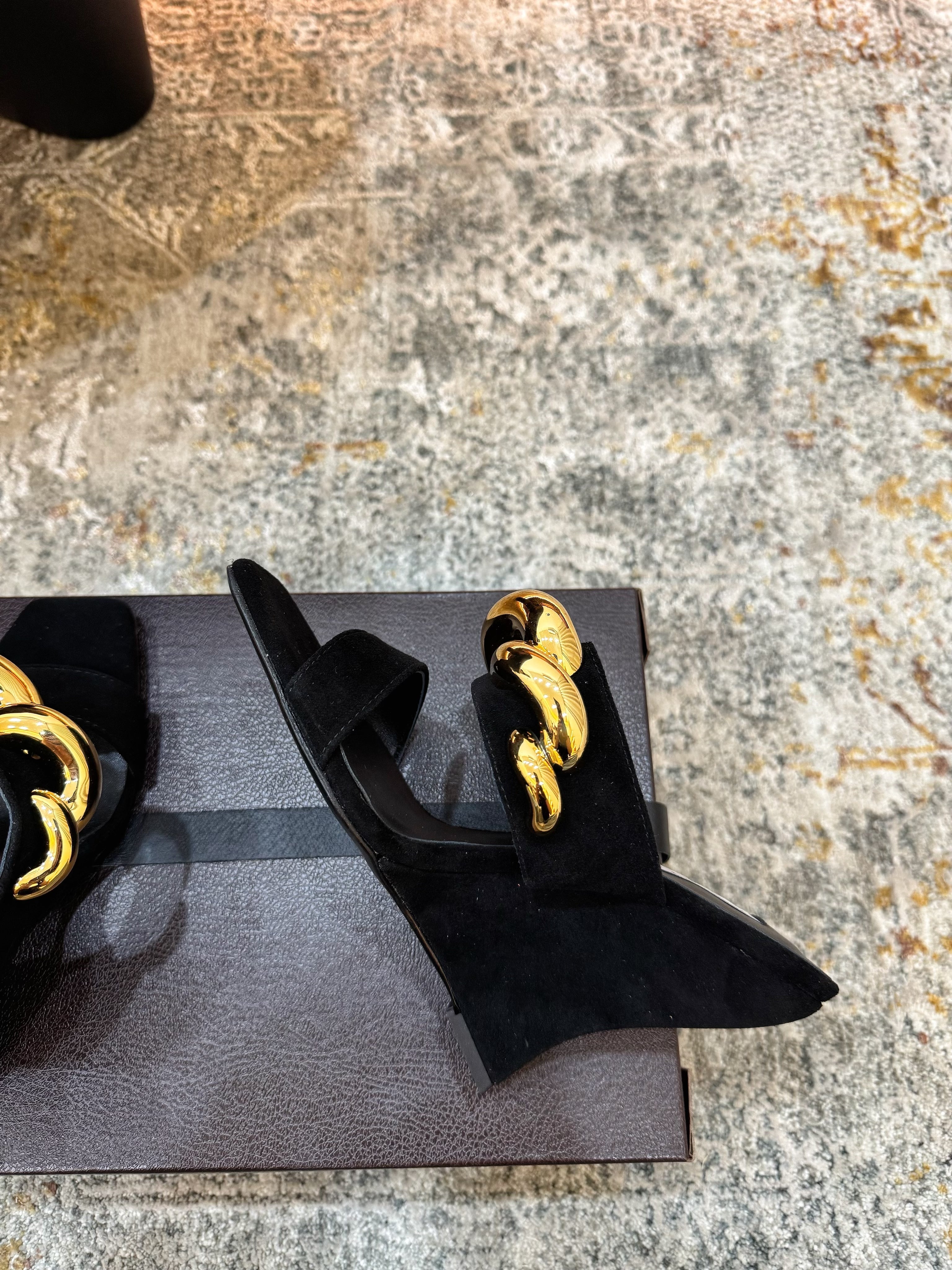 ALAIA 26S DOUBLE STRAP WEDGE SANDALS 110 MM IN BLACK SUEDE WITH GOLD HARDWARE