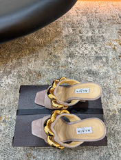 ALAIA 26S DOUBLE STRAP WEDGE SANDALS 110 MM IN BEIGE SUEDE WITH GOLD HARDWARE