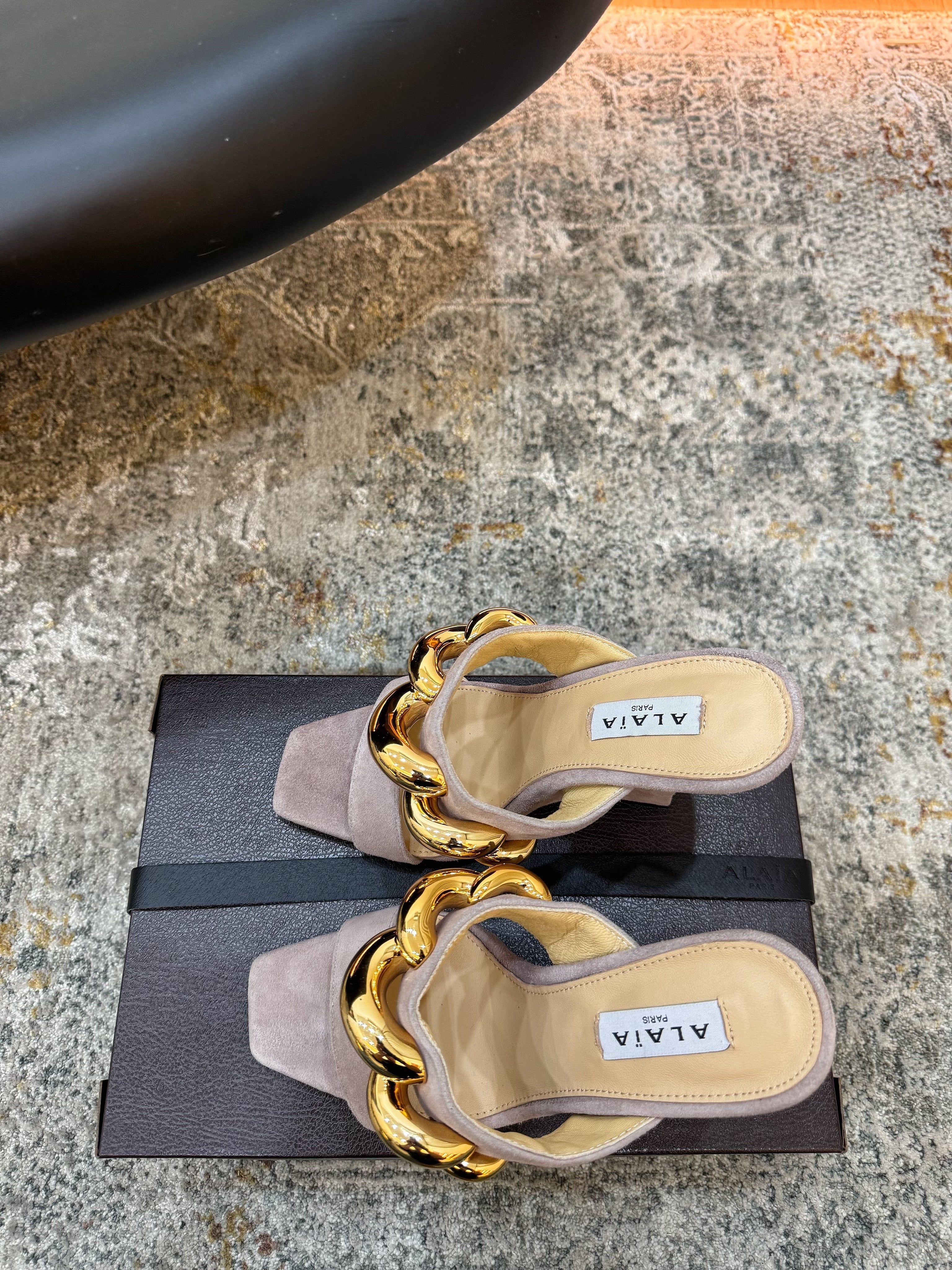 ALAIA 26S DOUBLE STRAP WEDGE SANDALS 110 MM IN BEIGE SUEDE WITH GOLD HARDWARE