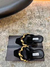ALAIA 26S DOUBLE STRAP WEDGE SANDALS 110 MM IN BLACK SUEDE WITH GOLD HARDWARE