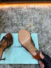 AQUAZZURA 26S HIGH-HEEL SANDALS 105 MM IN BROWN PATENT CALFSKIN AND MESH