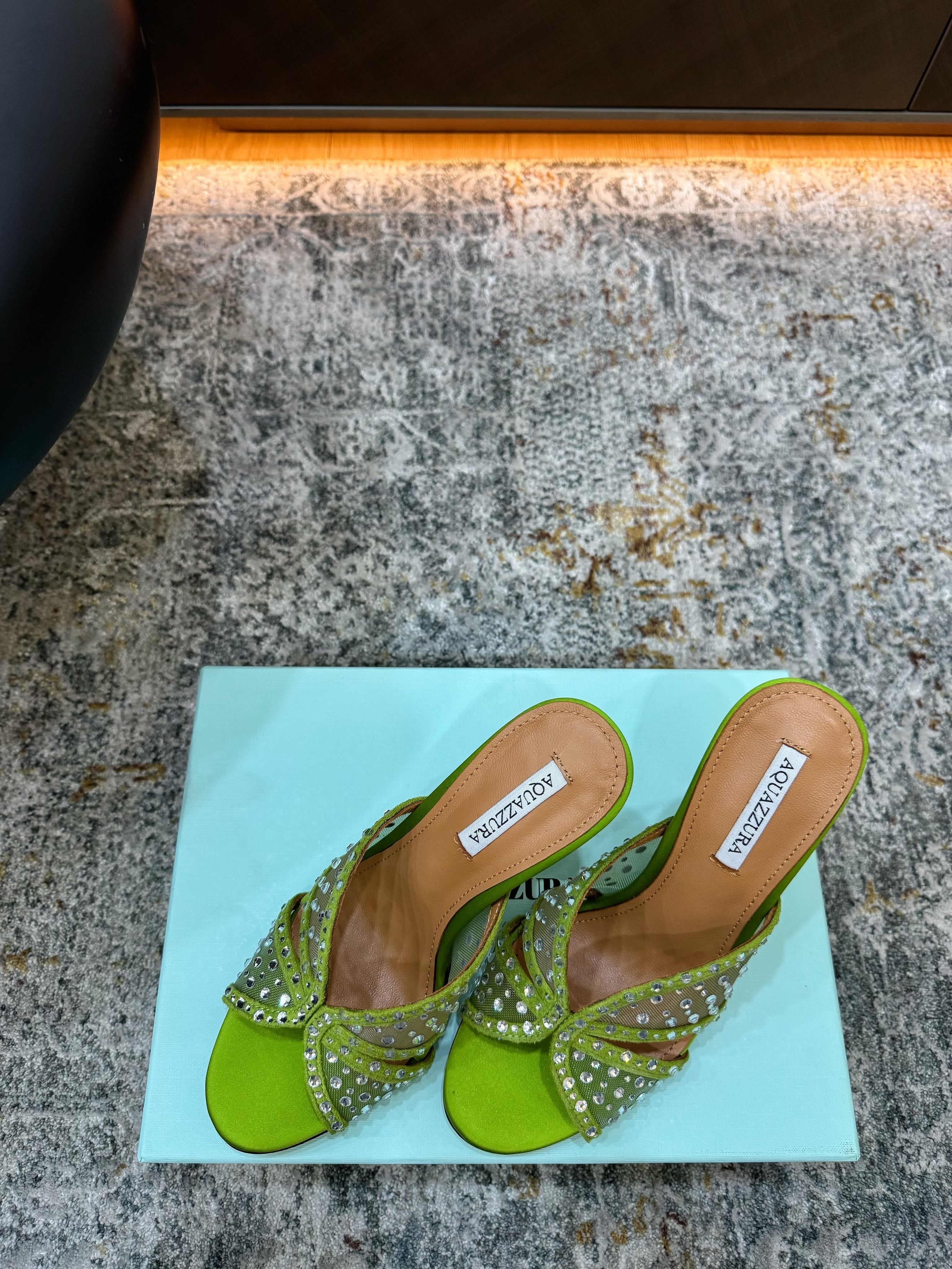 AQUAZZURA 26S HIGH-HEEL SANDALS 105 MM IN GREEN SATIN AND MESH