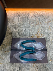 ALAIA 26S THONG SANDALS IN TEAL BLUE SATIN AND TRANSPARENT PVC