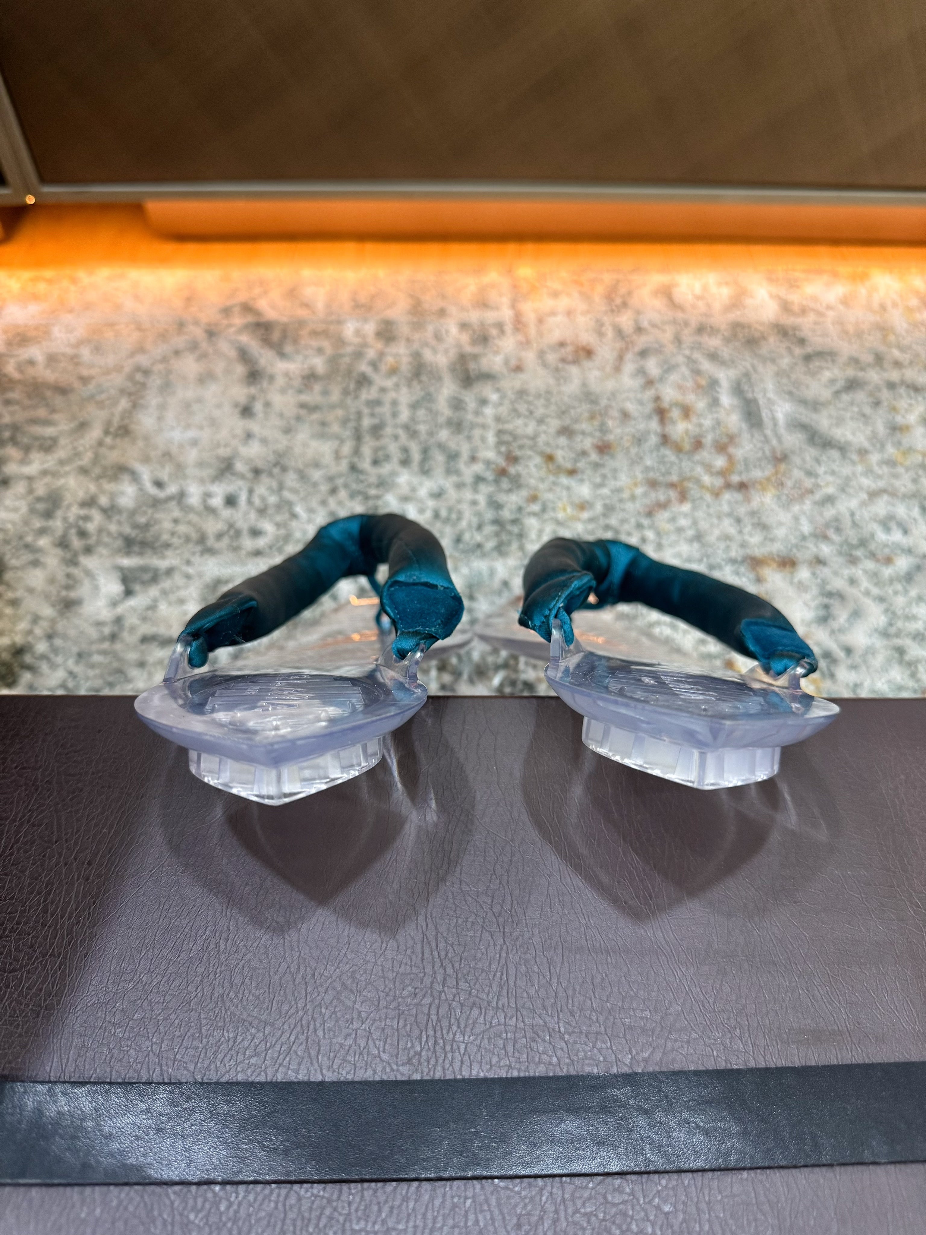ALAIA 26S THONG SANDALS IN TEAL BLUE SATIN AND TRANSPARENT PVC