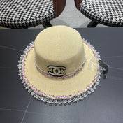CHANEL 26S LACE & FLORAL TRIM STRAW HAT 337939