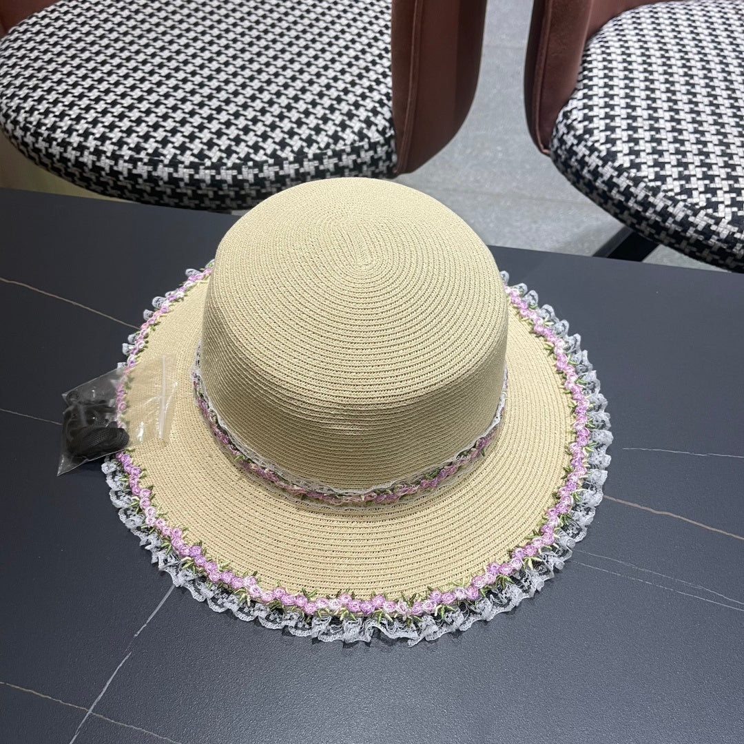 CHANEL 26S LACE & FLORAL TRIM STRAW HAT 337939