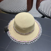 CHANEL 26S LACE & FLORAL TRIM STRAW HAT 337939