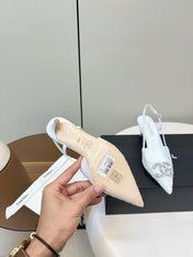 CC SLINGBACK 25S IN WHITE LACE FABRIC WITH SILVER HARDWARE
