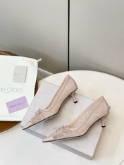 JIMMY CHOO 26S LACE-UP HEELS IN LIGHT NUDE PINK LACE AND LAMBSKIN
