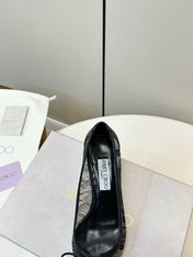 JIMMY CHOO 26S LACE-UP HEELS IN BLACK LACE AND LAMBSKIN