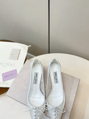 JIMMY CHOO 26S LACE-UP HEELS IN WHITE LACE AND LAMBSKIN