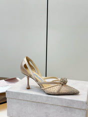 JIMMY CHOO 26S POINTED-TOE HIGH HEELS IN BEIGE CRYSTAL EMBELLISHMENT