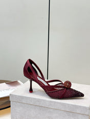 JIMMY CHOO 26S POINTED-TOE HIGH HEELS IN DARK RED CRYSTAL EMBELLISHMENT
