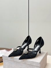 JIMMY CHOO 26S POINTED-TOE HIGH HEELS IN BLACK CRYSTAL EMBELLISHMENT