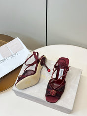 JIMMY CHOO 26S  HEELED SANDALS 100 MM IN DARK RED CRYSTAL EMBELLISHMENT