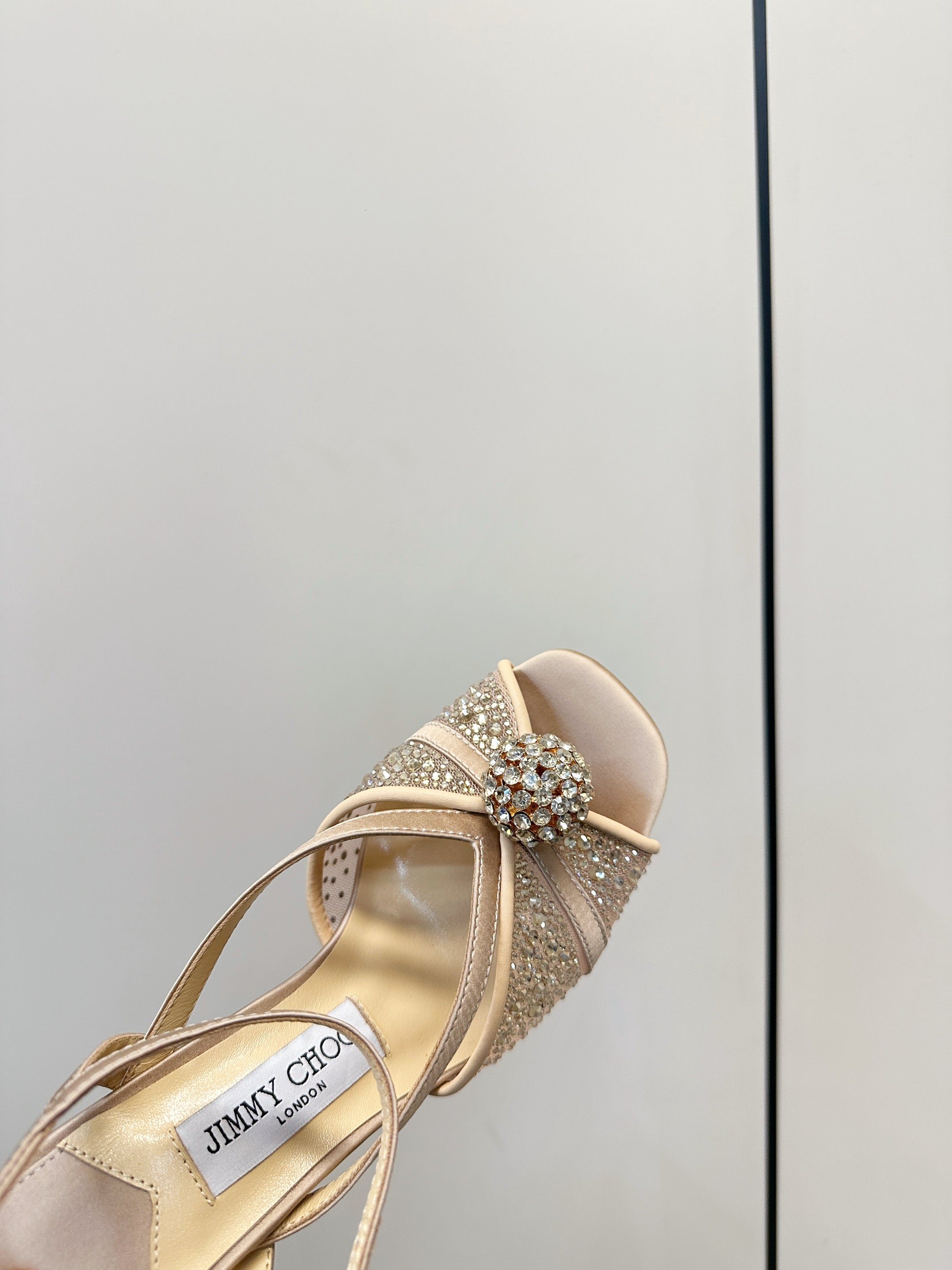 JIMMY CHOO 26S HEELED SANDALS 100 MM IN BEIGE CRYSTAL EMBELLISHMENT