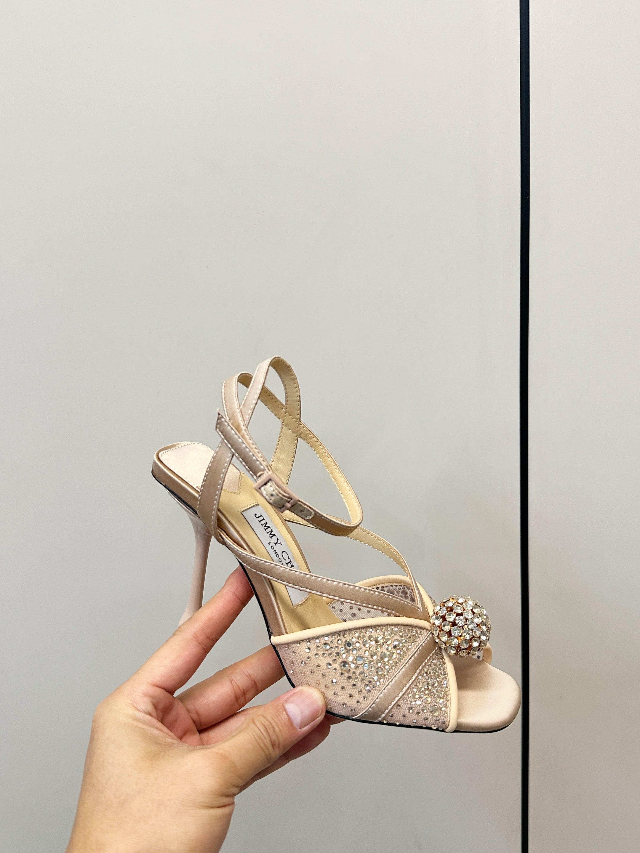 JIMMY CHOO 26S HEELED SANDALS 100 MM IN BEIGE CRYSTAL EMBELLISHMENT