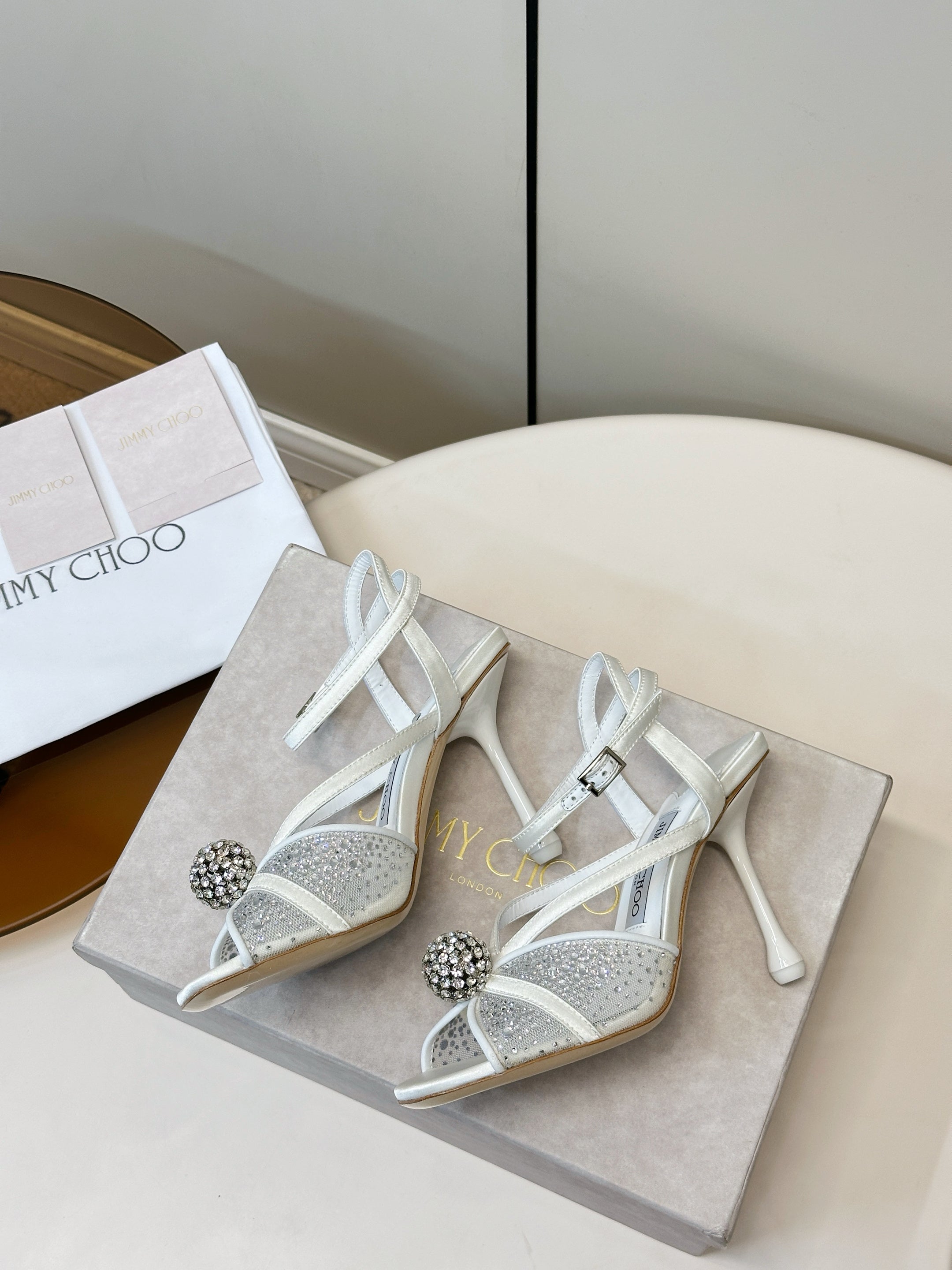 JIMMY CHOO 26S HEELED SANDALS 100 MM IN WHITE CRYSTAL EMBELLISHMENT