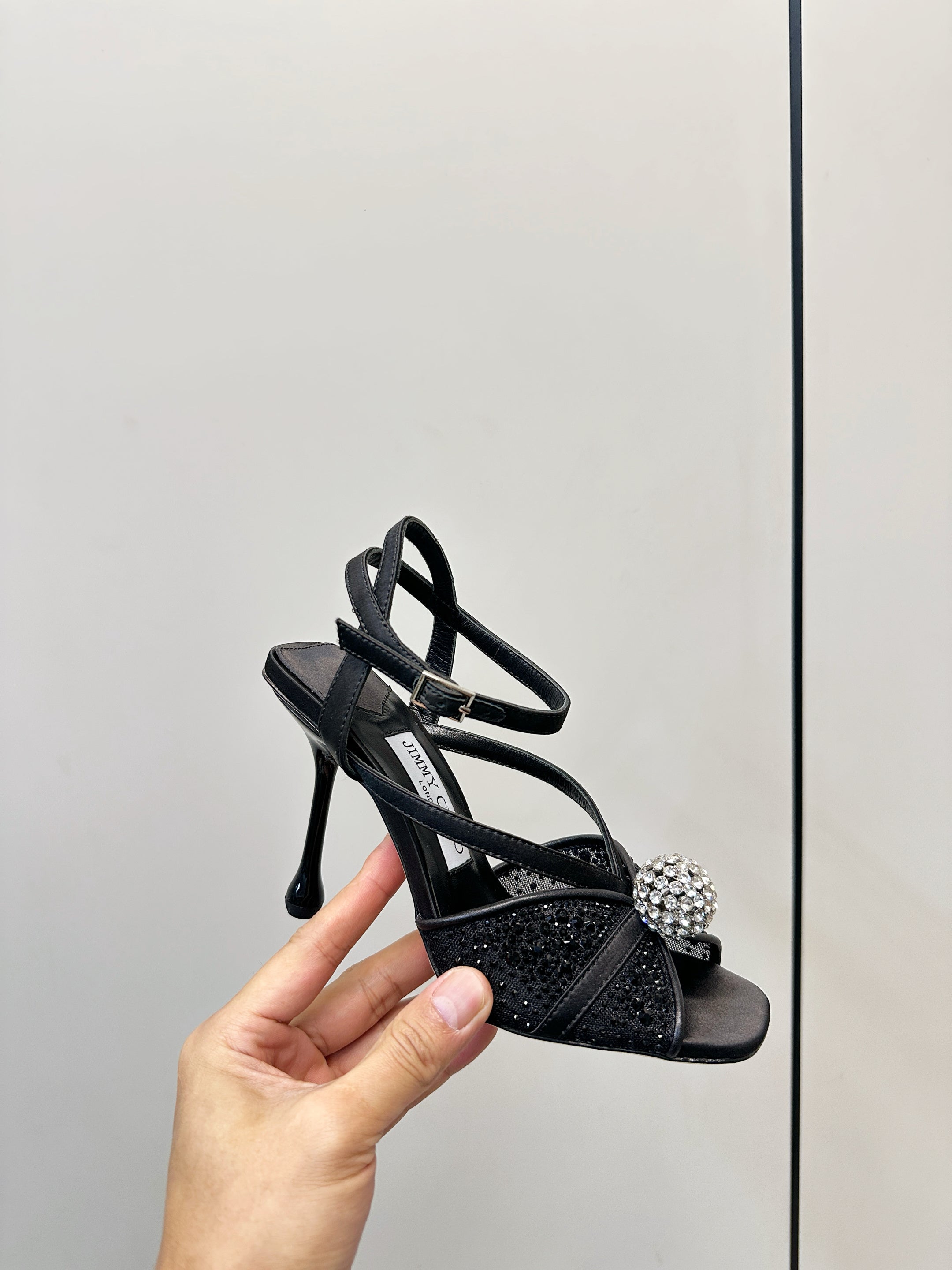 JIMMY CHOO 26S HEELED SANDALS 100 MM IN BLACK CRYSTAL EMBELLISHMENT