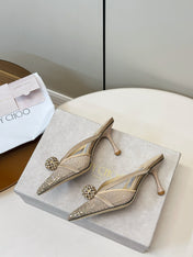 JIMMY CHOO 26S HEELED MULES 80 MM IN BEIGE CRYSTAL EMBELLISHMENT