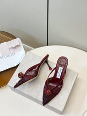 JIMMY CHOO 26S HEELED MULES 80 MM IN DARK RED CRYSTAL EMBELLISHMENT