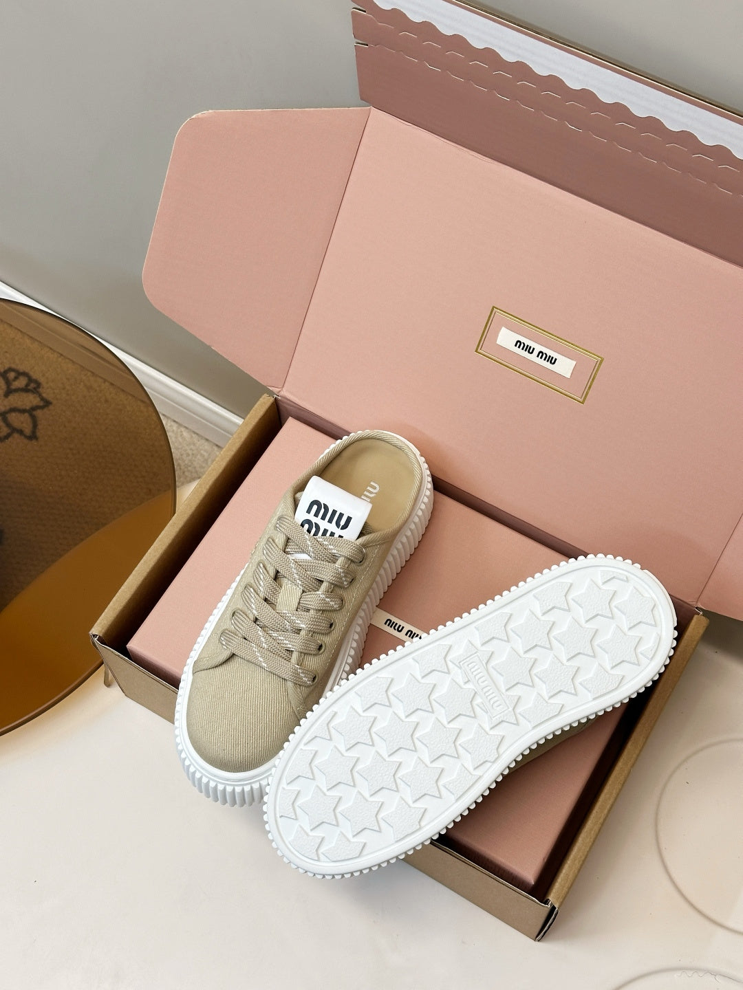 MIUMIU 26S SNEAKER MULES IN BEIGE CANVAS