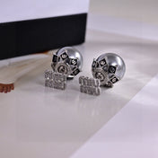 MIUMIU 26S CRYSTAL LOGO PEARL BACK STUD EARRINGS IN SILVER TONE METAL 612742
